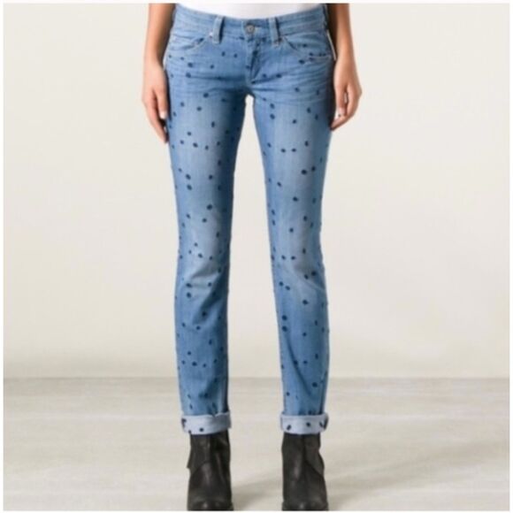 EUC Isabel Marant Embroidered Polka Dot Low Rise Straight Leg Jeans 12 - Picture 1 of 9